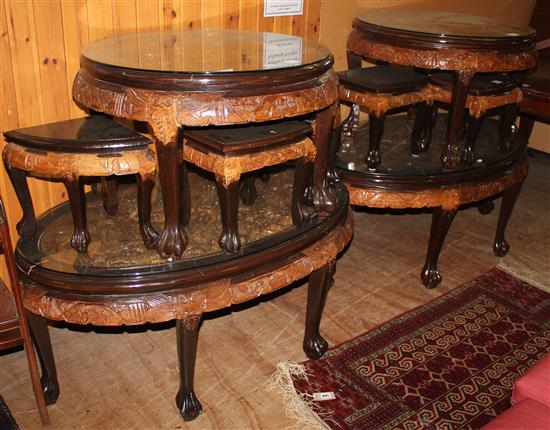 Pr Chinese circular carved tables, pr oval & 6 smaller tables(-)